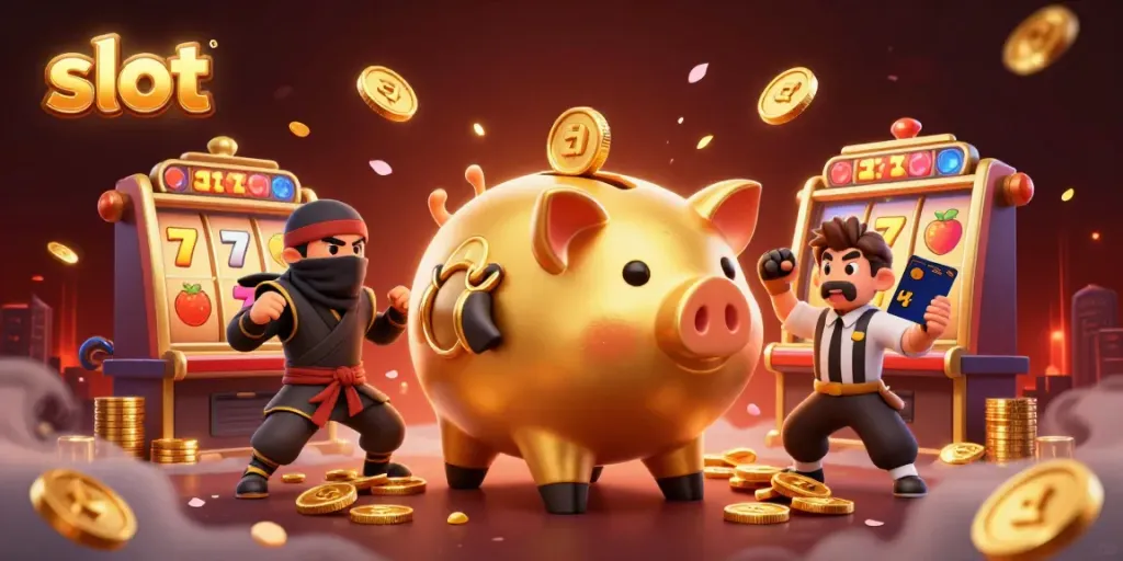 Slot yang memukau dengan karakter sumo, ninja, dan wasit di tengah aksinya, dikelilingi koin emas.