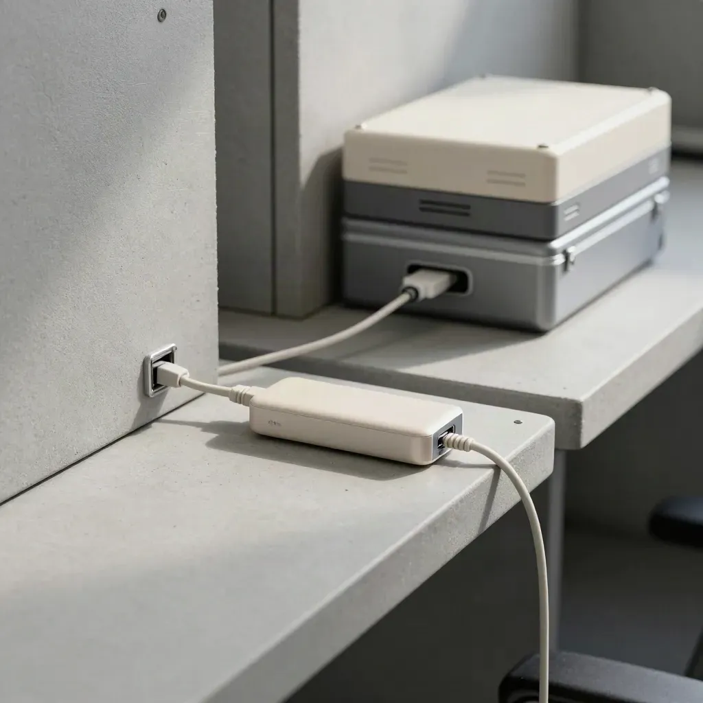 Couloir technique avec adaptateur ancien, dock USB-C et boîtiers, lumière rasante, air poussiéreux.