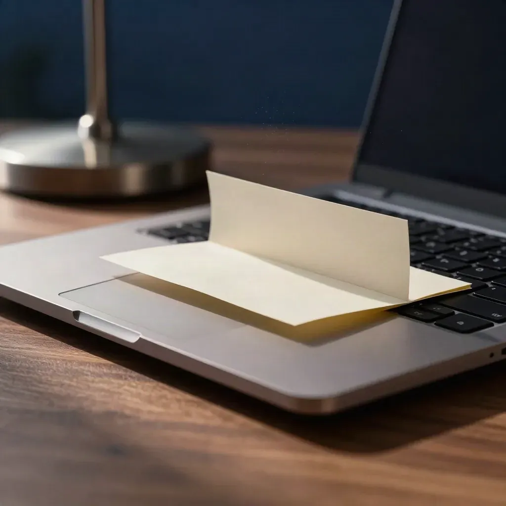 Surface de revue code avec laptop fermé, clavier compact, onglets papier et lampe basse.