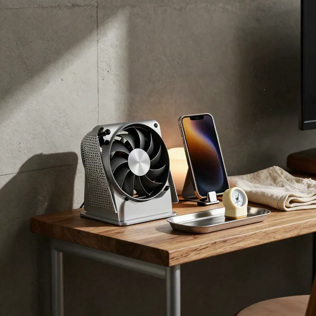 Poste de mesure ventilé, téléphone en veille et thermomètre analogique sur étagère en bois.