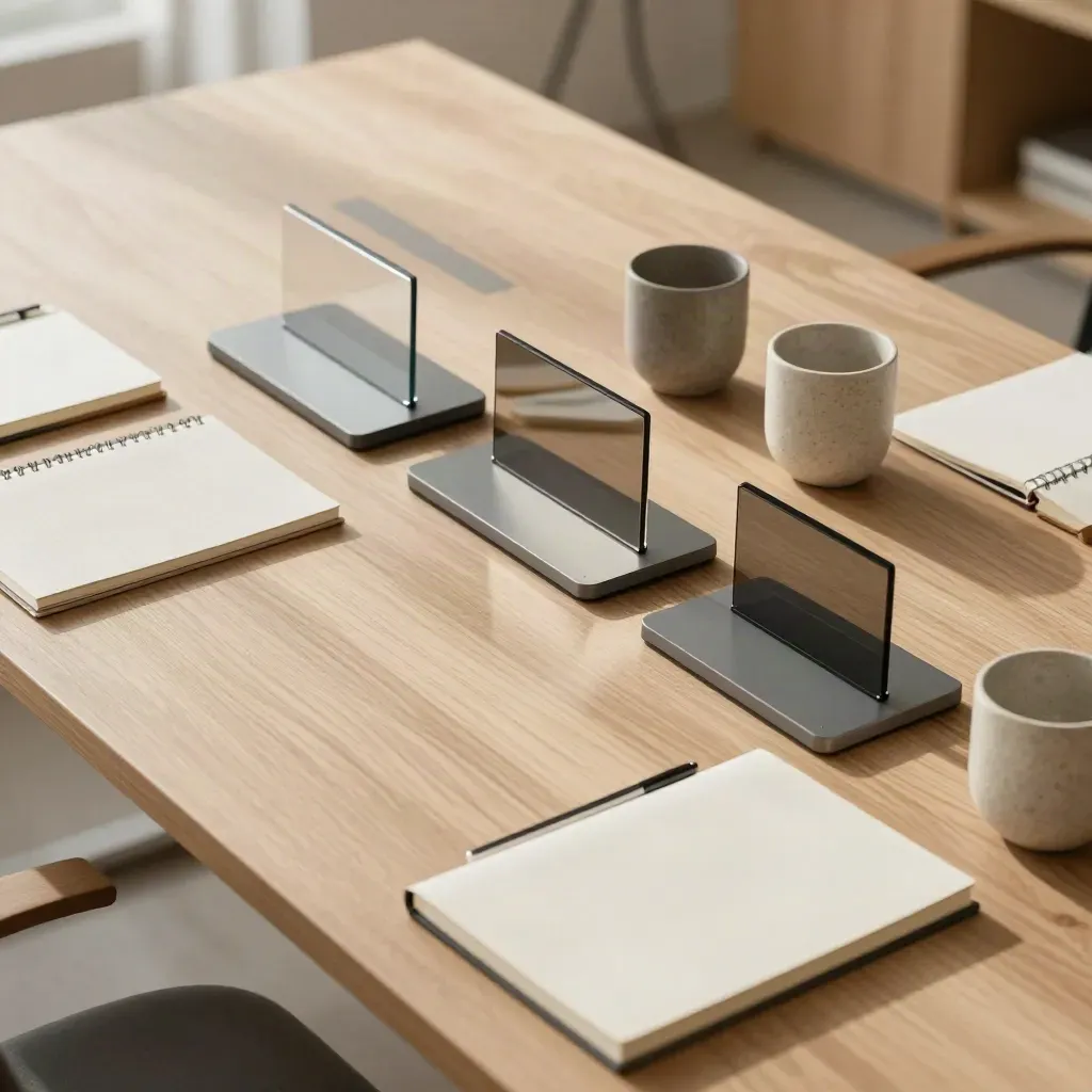 Table de travail Vue prête pour un atelier, avec docks, carnets fermés et modules de démonstration.