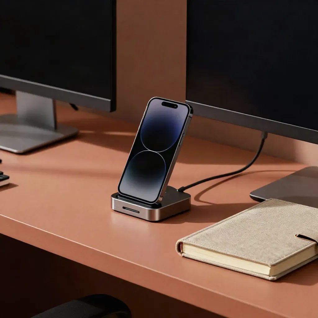 Coin support Vue.js avec smartphone en charge, écran noir et carnet épais sur ledge terracotta.
