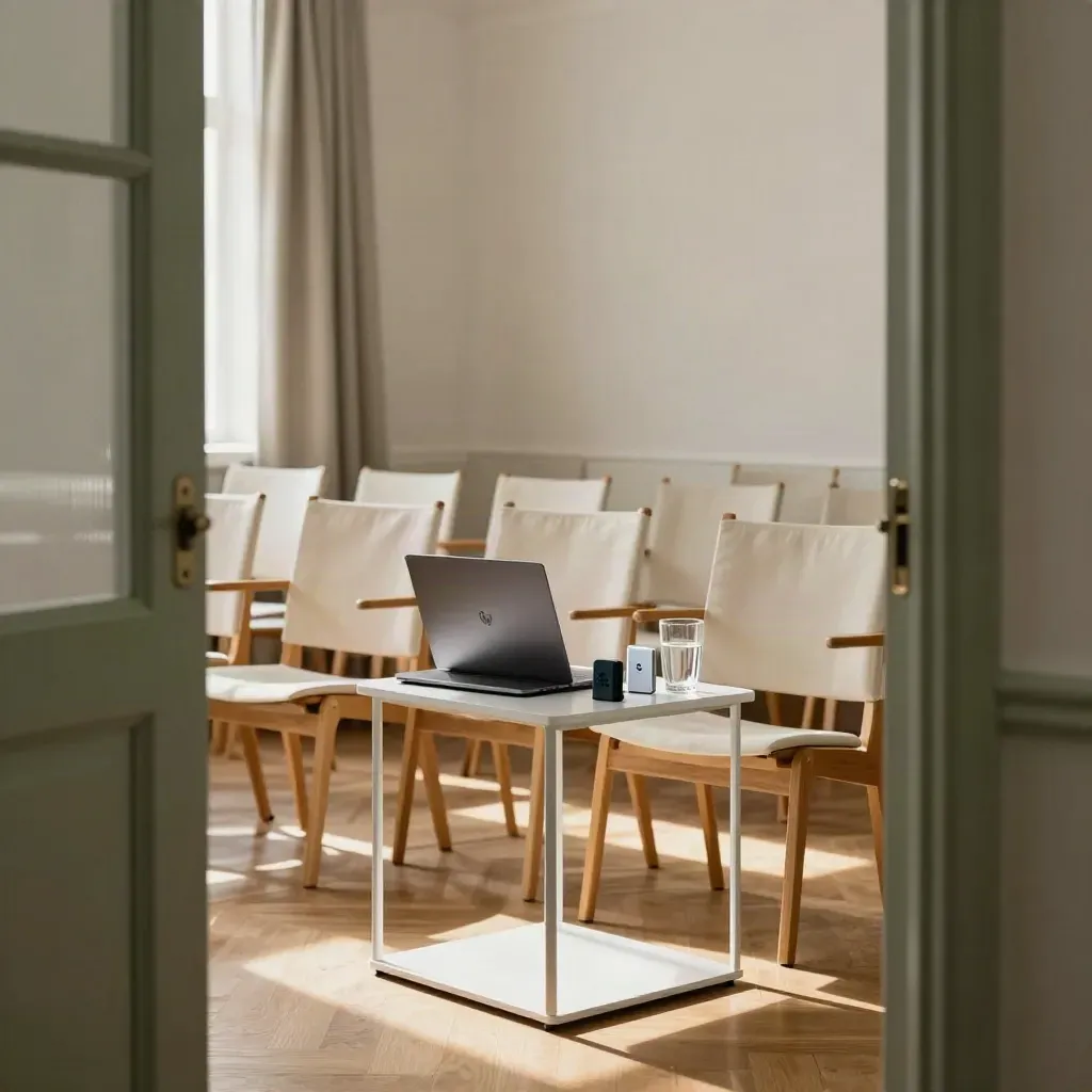 Salle de formation calme avec chaises, laptop fermé, modules de démo et verre d’eau près d’une fenêtre.