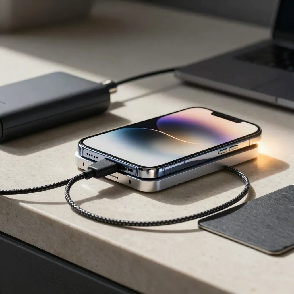 Téléphone sur support ventilé, batterie externe et câble tressé sur banc de test, lumière rasante.