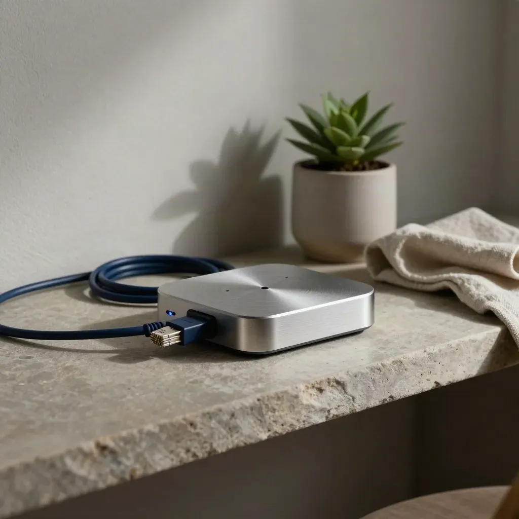 Hub réseau en aluminium, câble enroulé, plante et linge plié sur une étagère en pierre.