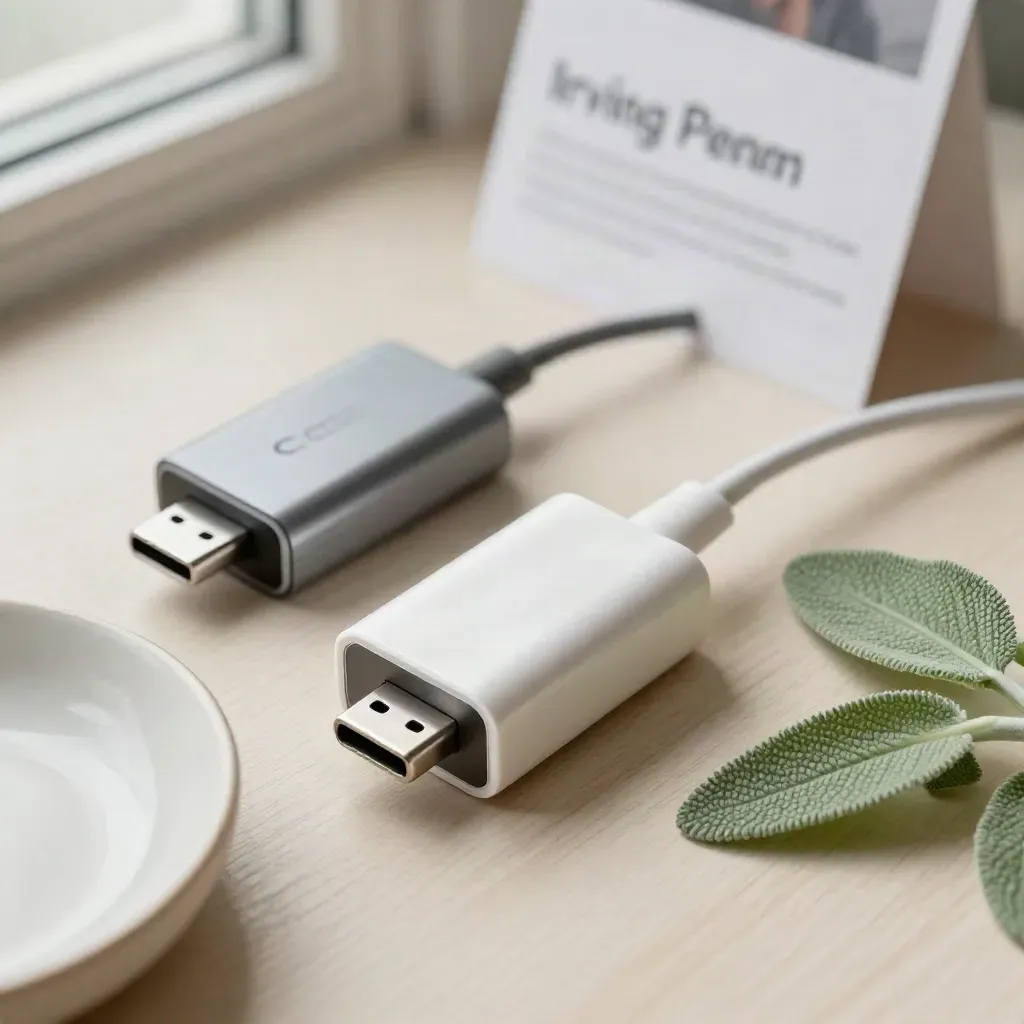 Vue de dessus d’un adaptateur USB-C, d’un vieux dongle gris, d’une coupelle et d’un brin de plante.