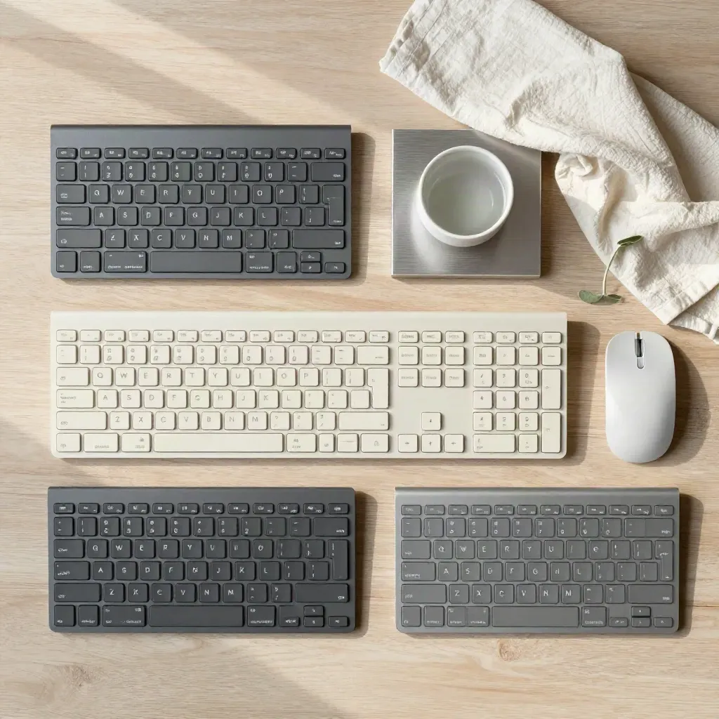 Vue de dessus de trois claviers compacts, un dock partagé et un bol en céramique sur bois clair.