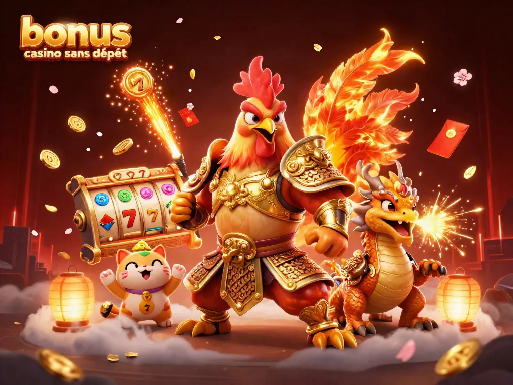 Bonus casino sans dépôt illustré par un guerrier coq en armure dorée, entouré de jackpots et de symboles de machines à sous.