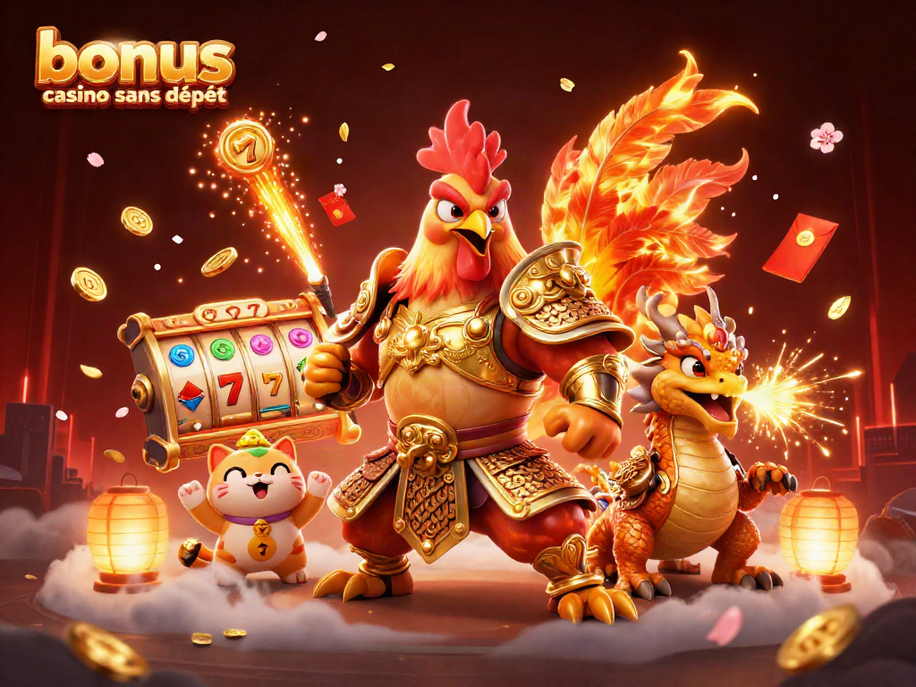 Bonus casino sans dépôt illustré par un guerrier coq en armure dorée, entouré de jackpots et de symboles de machines à sous.