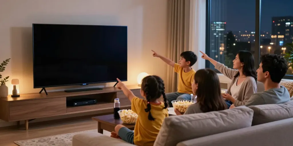 Famille utilisant Atlas Pro ONTV pour une soirée cinéma à la maison.