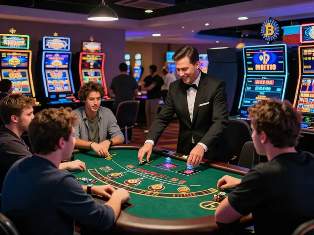 Casino Bitcoin animé avec des joueurs ravis aux tables de Blackjack et machines à sous, ambiance festive et moderne.